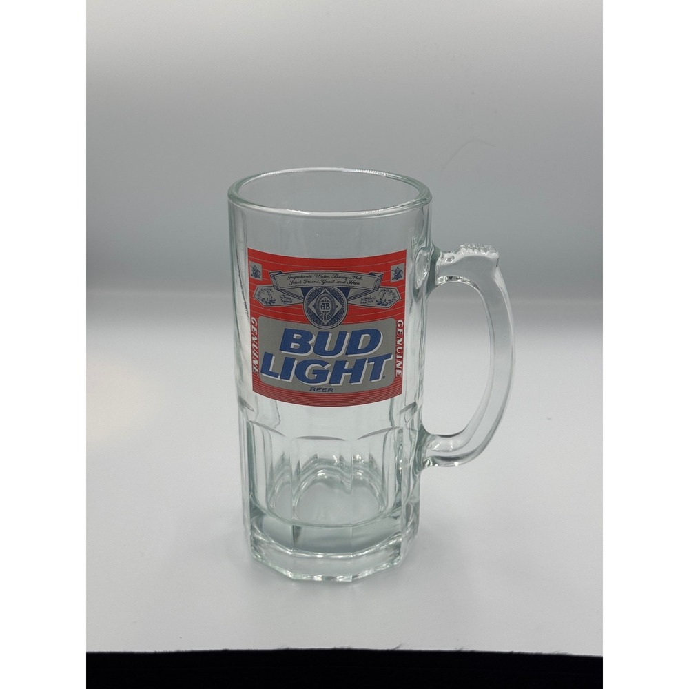 Bud Light Beer Mug Glass Heavy Paneled Base Logo Clear Barware Anheuser Busch